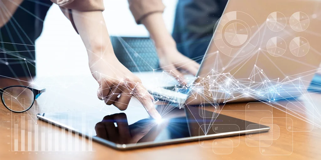 Technical support specialists monitoring IoT devices and smart connected systems through remote diagnostics and real-time data analysis